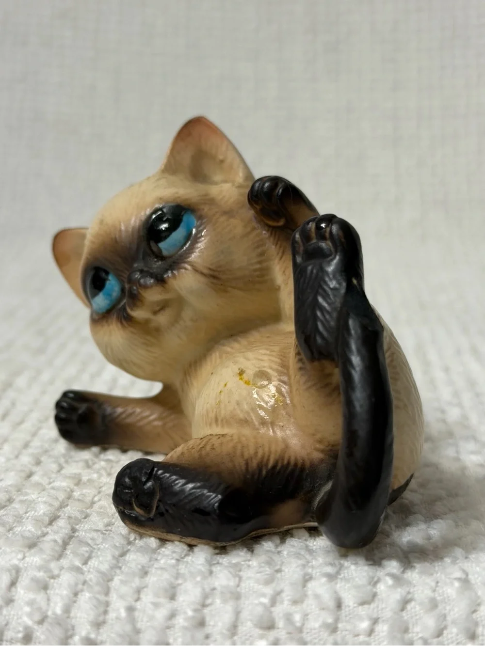 Cute Cream and Black Cat Figurine with Blue Eyes made in Japan